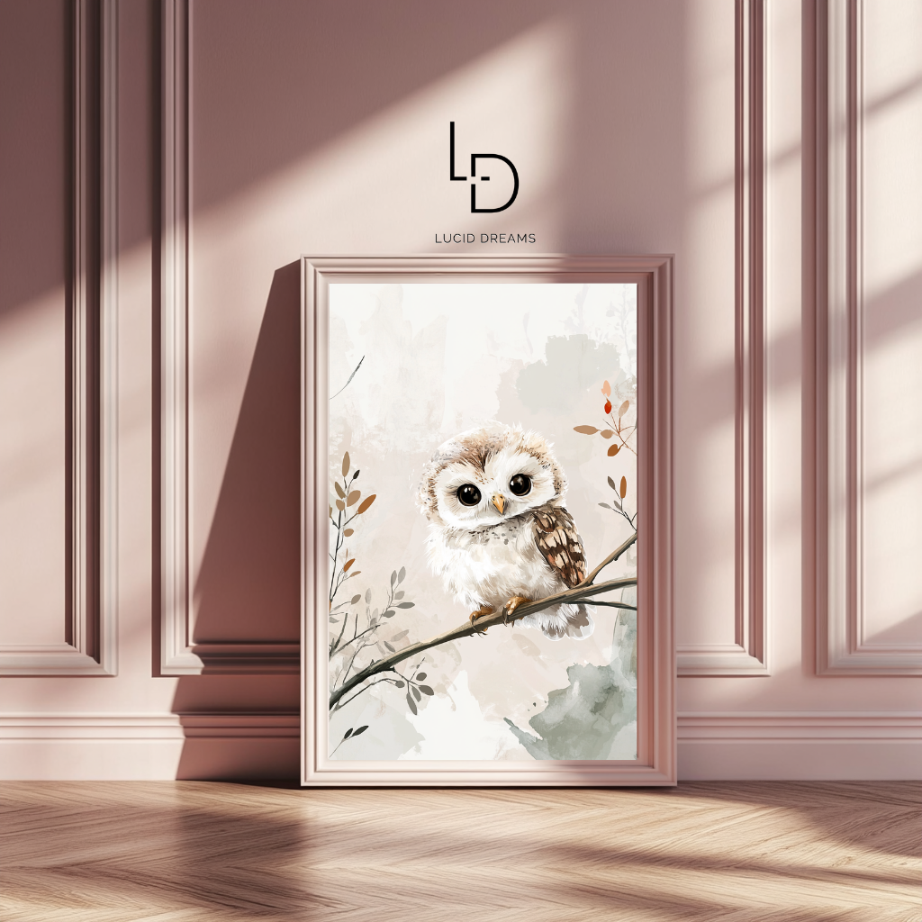 Wise Whisper – Baby Owl on Branch Wall Art Poster