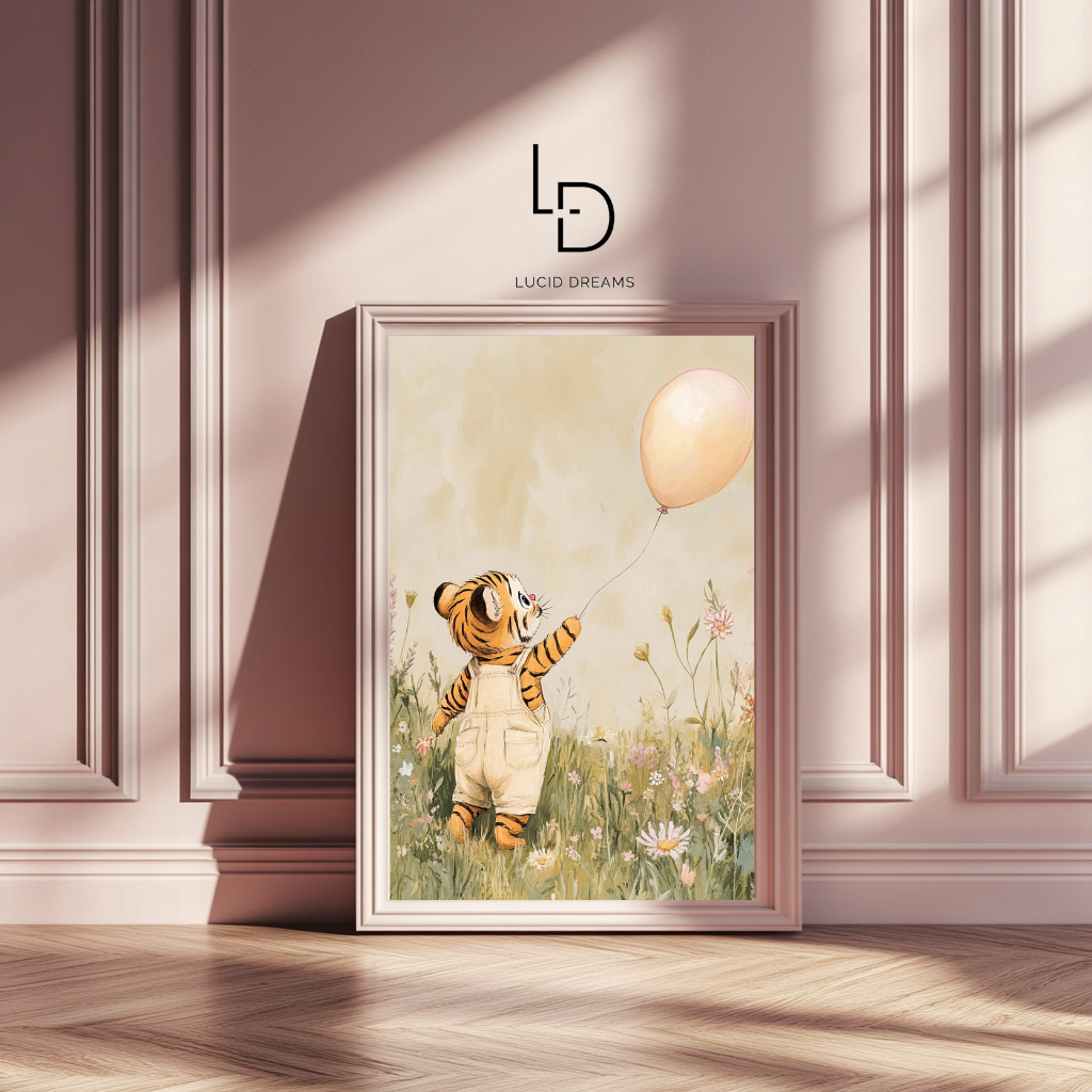 Chasing Light – Tiger Cub with Balloon Nursery Wall Art Poster