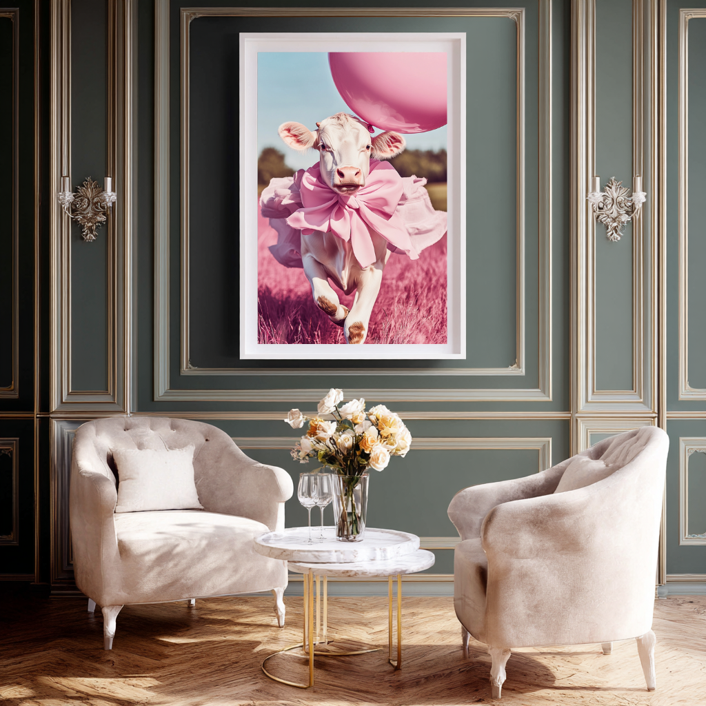 Runaway Ruffles wall art poster – Adorable pink calf in ruffled fashion attire, whimsical and stylish animal artwork for playful and feminine interiors