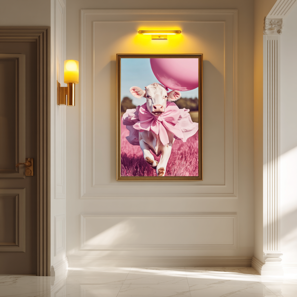 Runaway Ruffles wall art poster – Adorable pink calf in ruffled fashion attire, whimsical and stylish animal artwork for playful and feminine interiors