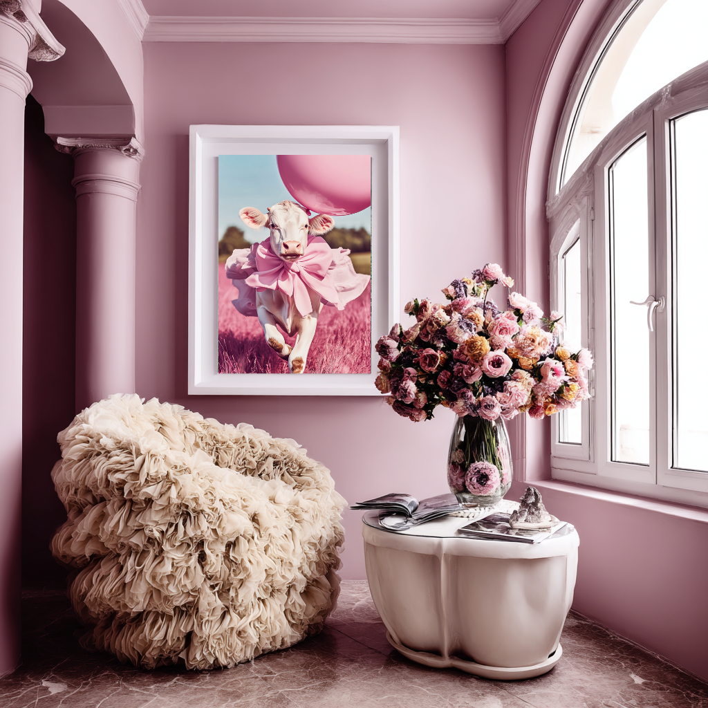 Runaway Ruffles wall art poster – Adorable pink calf in ruffled fashion attire, whimsical and stylish animal artwork for playful and feminine interiors