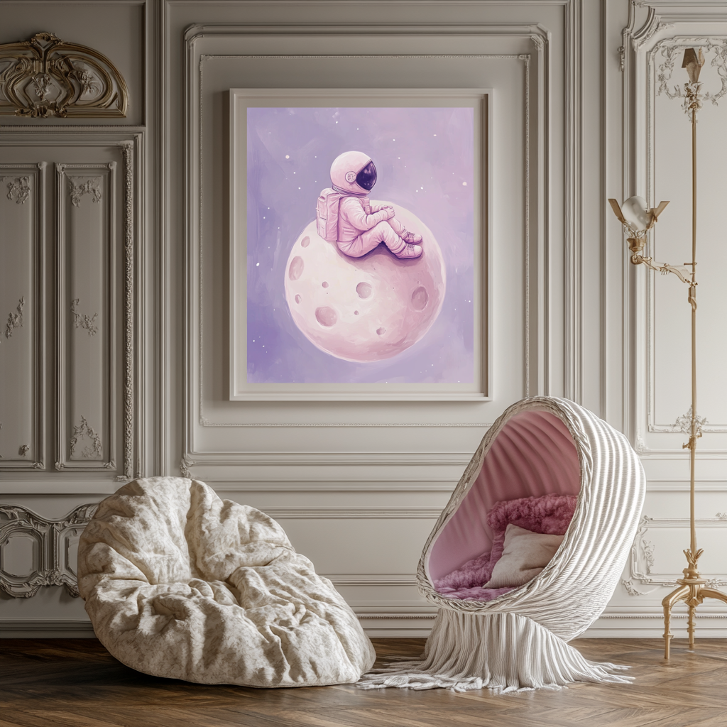 Pink Astronaut Sitting on Moon – Dreamy Space Nursery Wall Art Poster