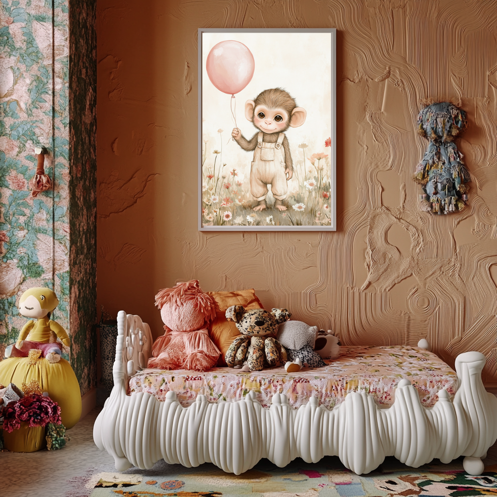 Monkey Joy – Baby Chimp with Balloon Nursery Wall Art Poster