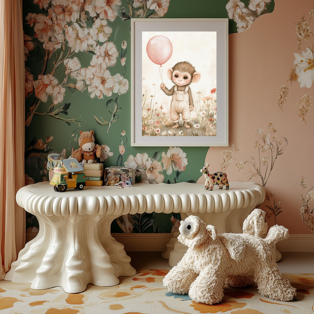 Monkey Joy – Baby Chimp with Balloon Nursery Wall Art Poster