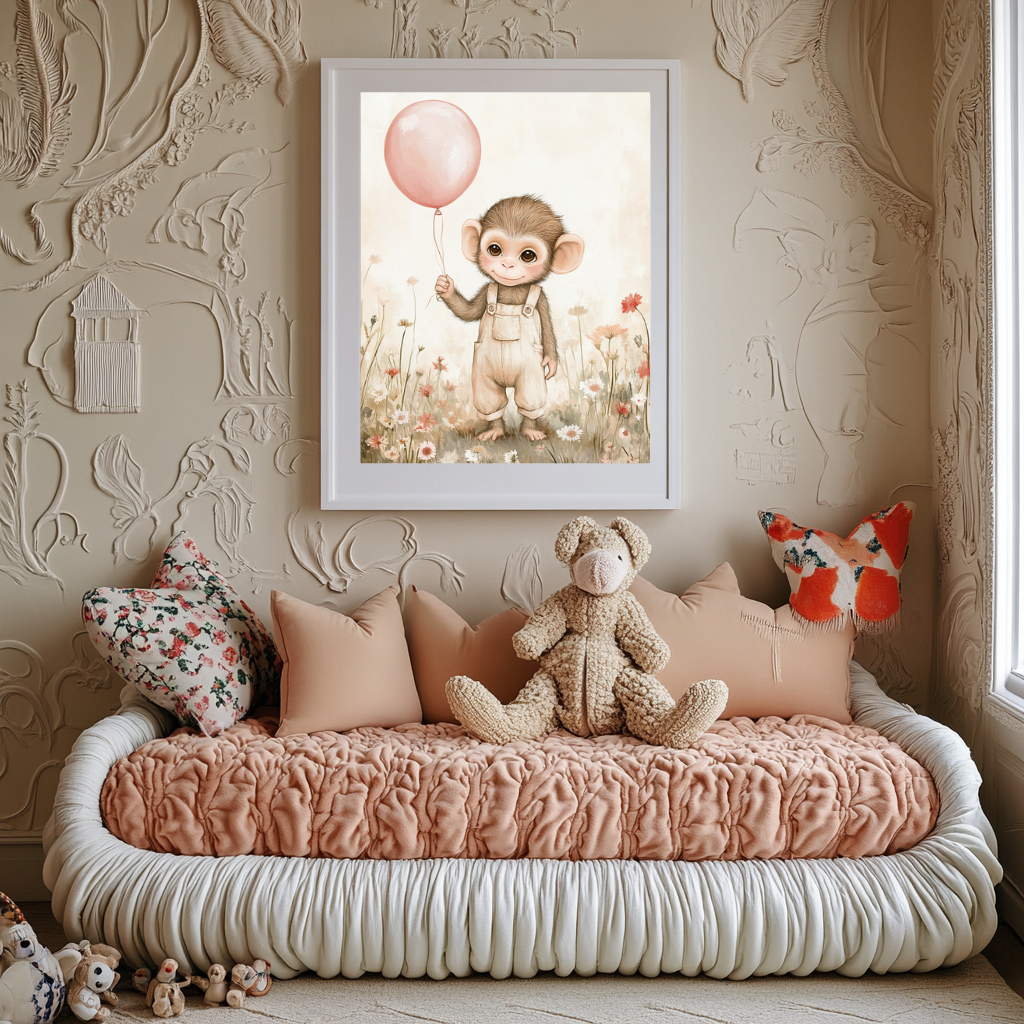 Monkey Joy – Baby Chimp with Balloon Nursery Wall Art Poster