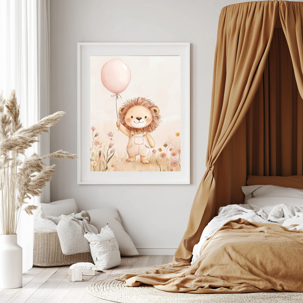 Smiling Lion – Soft Safari Balloon Nursery Wall Art Poster
