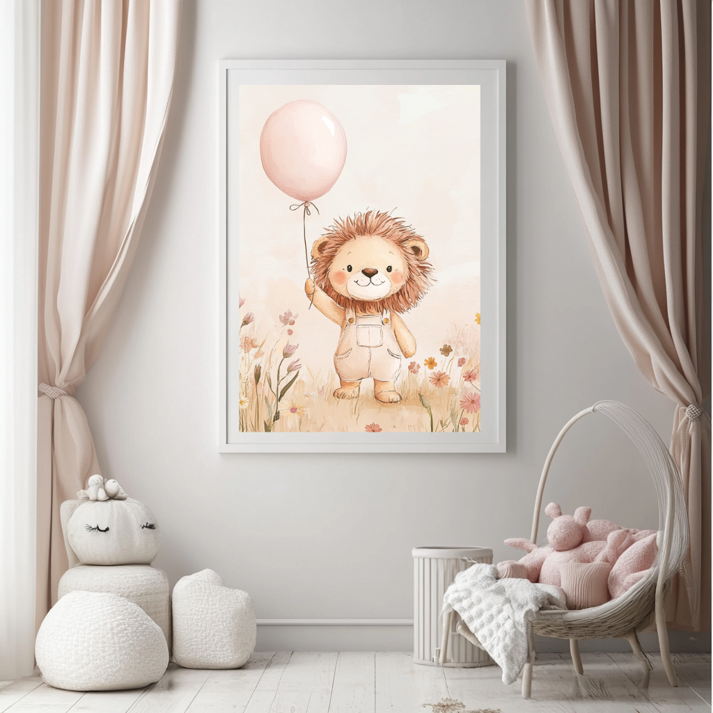 Smiling Lion – Soft Safari Balloon Nursery Wall Art Poster
