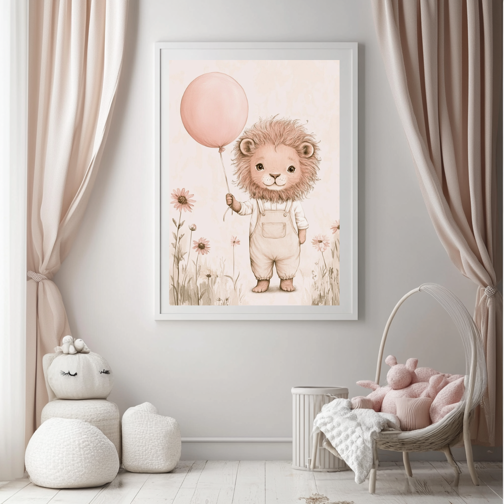 Soft Majesty – Gentle Lion with Balloon Nursery Wall Art Poster