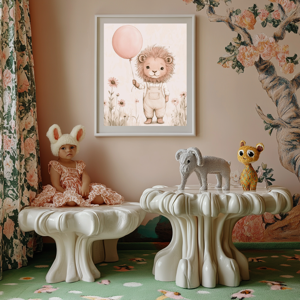 Soft Majesty – Gentle Lion with Balloon Nursery Wall Art Poster