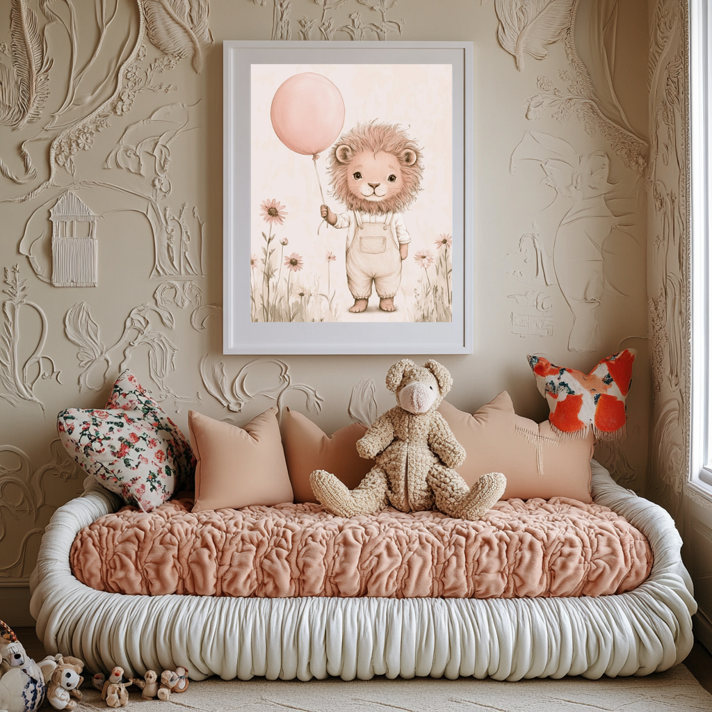 Soft Majesty – Gentle Lion with Balloon Nursery Wall Art Poster