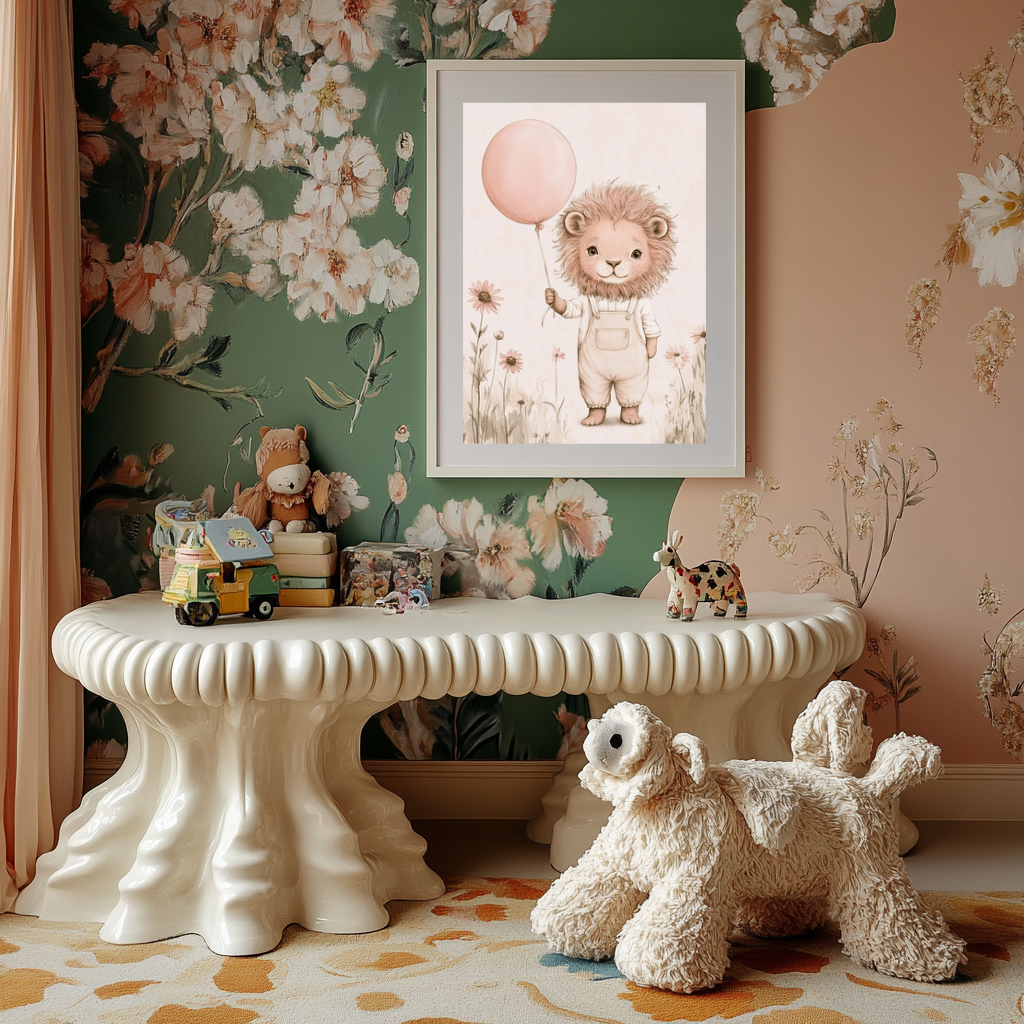 Soft Majesty – Gentle Lion with Balloon Nursery Wall Art Poster