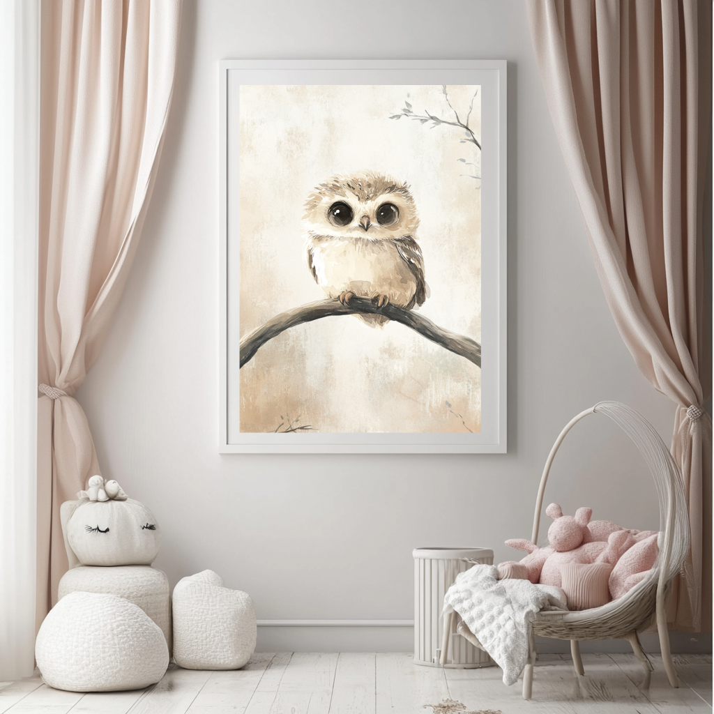 Moonlit Eyes – Sepia Baby Owl Wall Art Poster