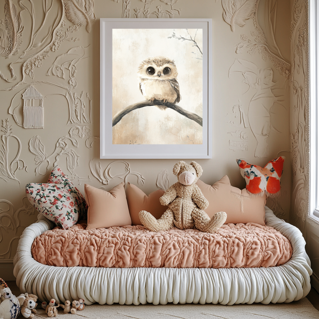 Moonlit Eyes – Sepia Baby Owl Wall Art Poster