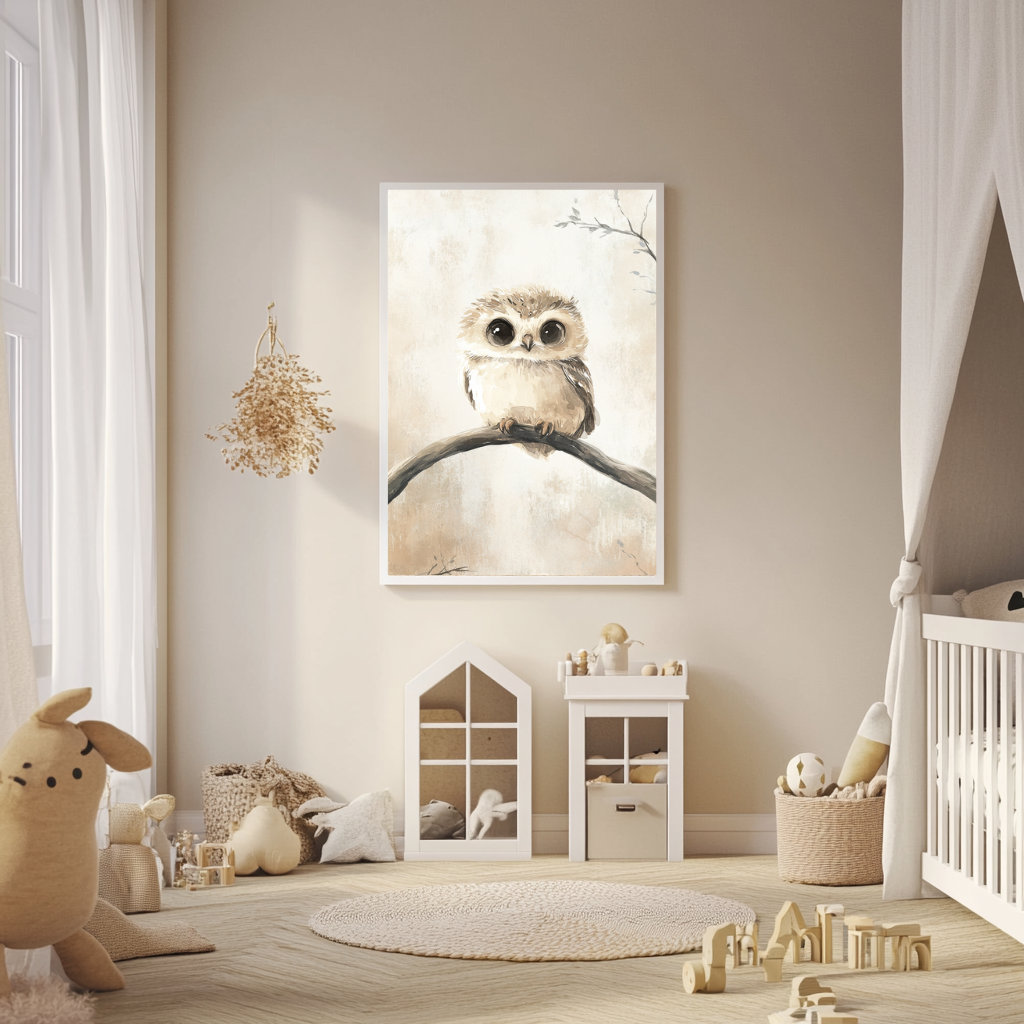 Moonlit Eyes – Sepia Baby Owl Wall Art Poster