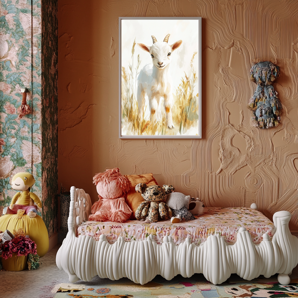 Golden Stroll – Baby Goat in Field Wall Art Poster