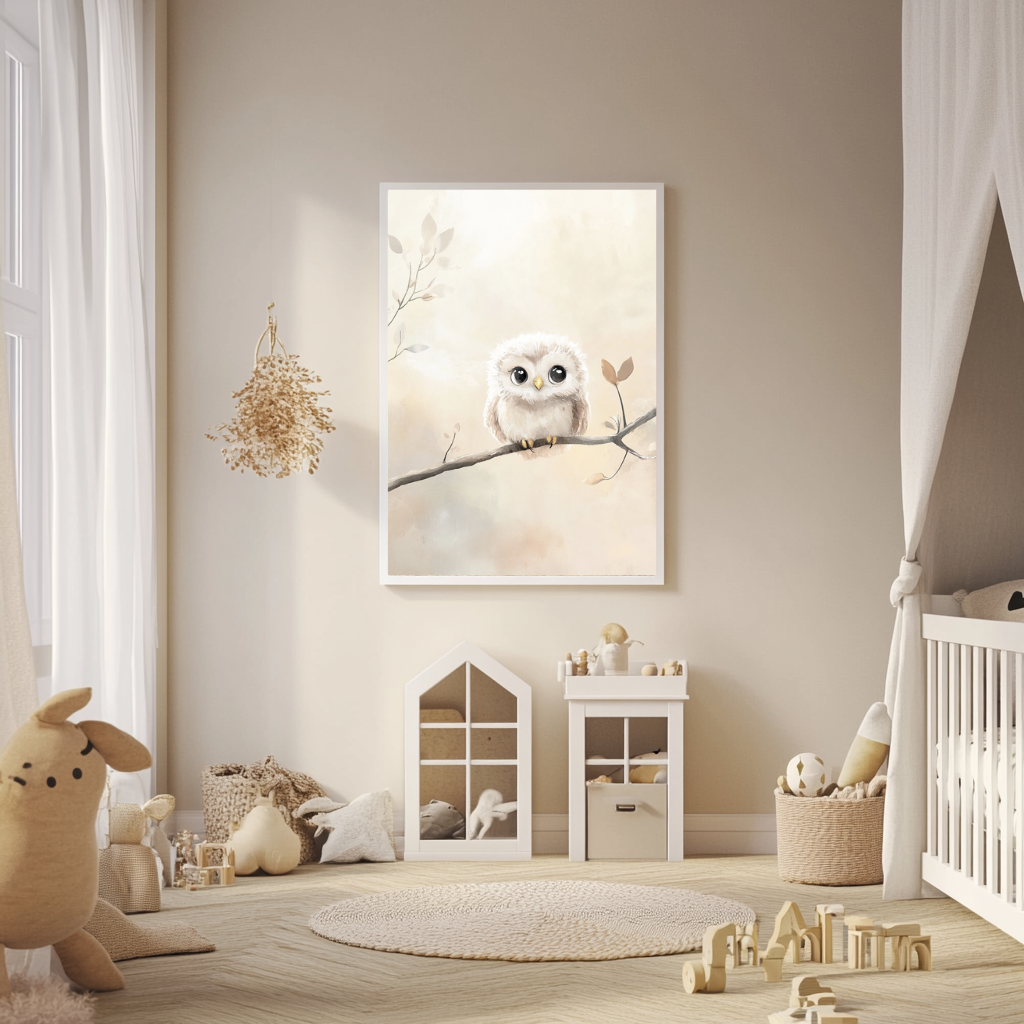 Featherlight Gaze – Soft Baby Owl Wall Art Poster