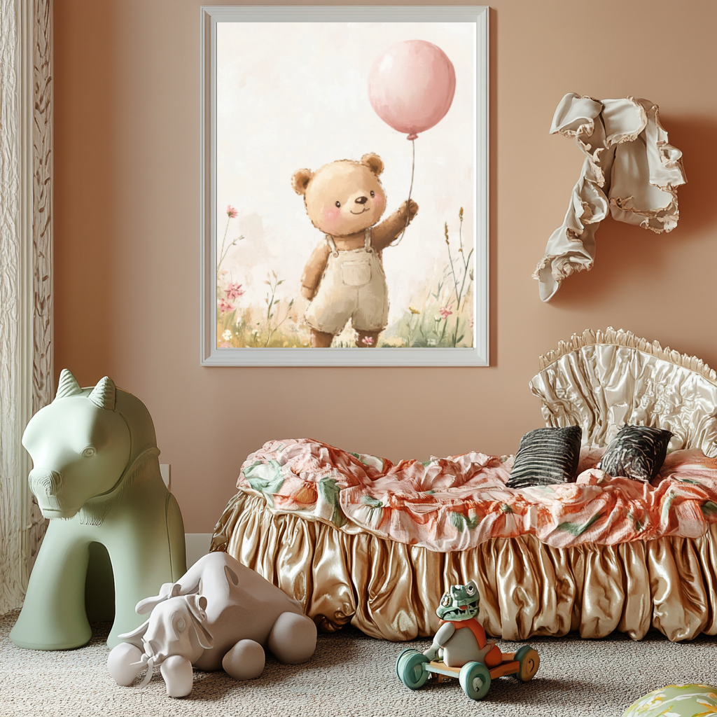 Joyful Bear – Pink Balloon Nursery Wall Art Poster