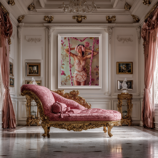 Petal Reverie wall art poster – Vintage-inspired floral portrait with soft pink tones, romantic boudoir artwork for elegant bedrooms and feminine spaces