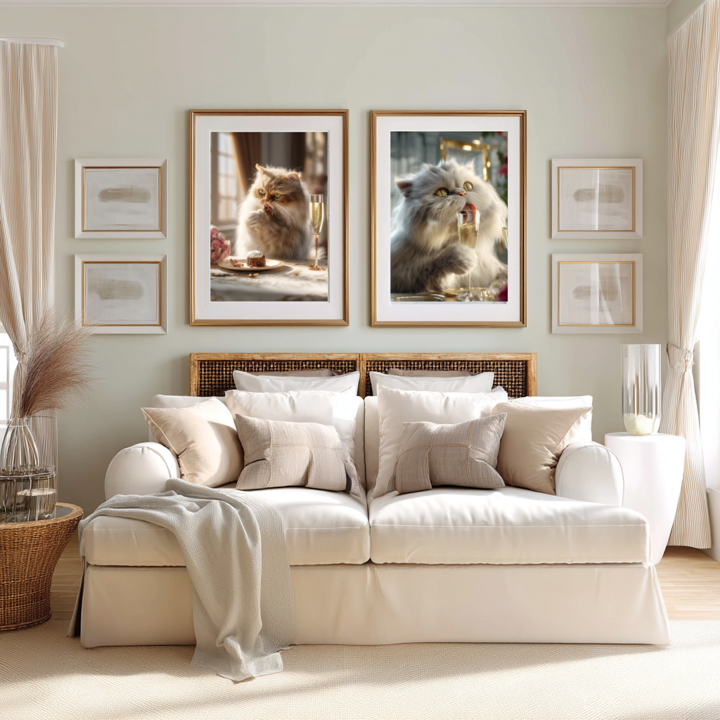 Rosé & Whiskers – Fluffy Cat with Champagne Wall Art Poster