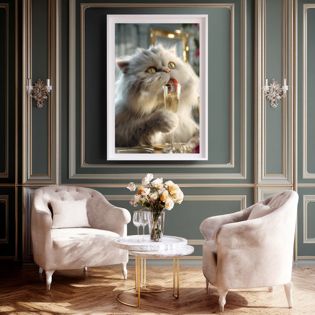 Rosé & Whiskers – Fluffy Cat with Champagne Wall Art Poster