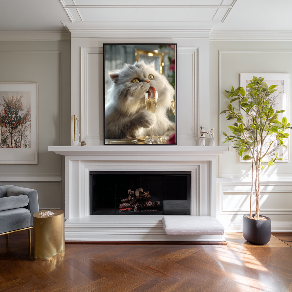 Rosé & Whiskers – Fluffy Cat with Champagne Wall Art Poster