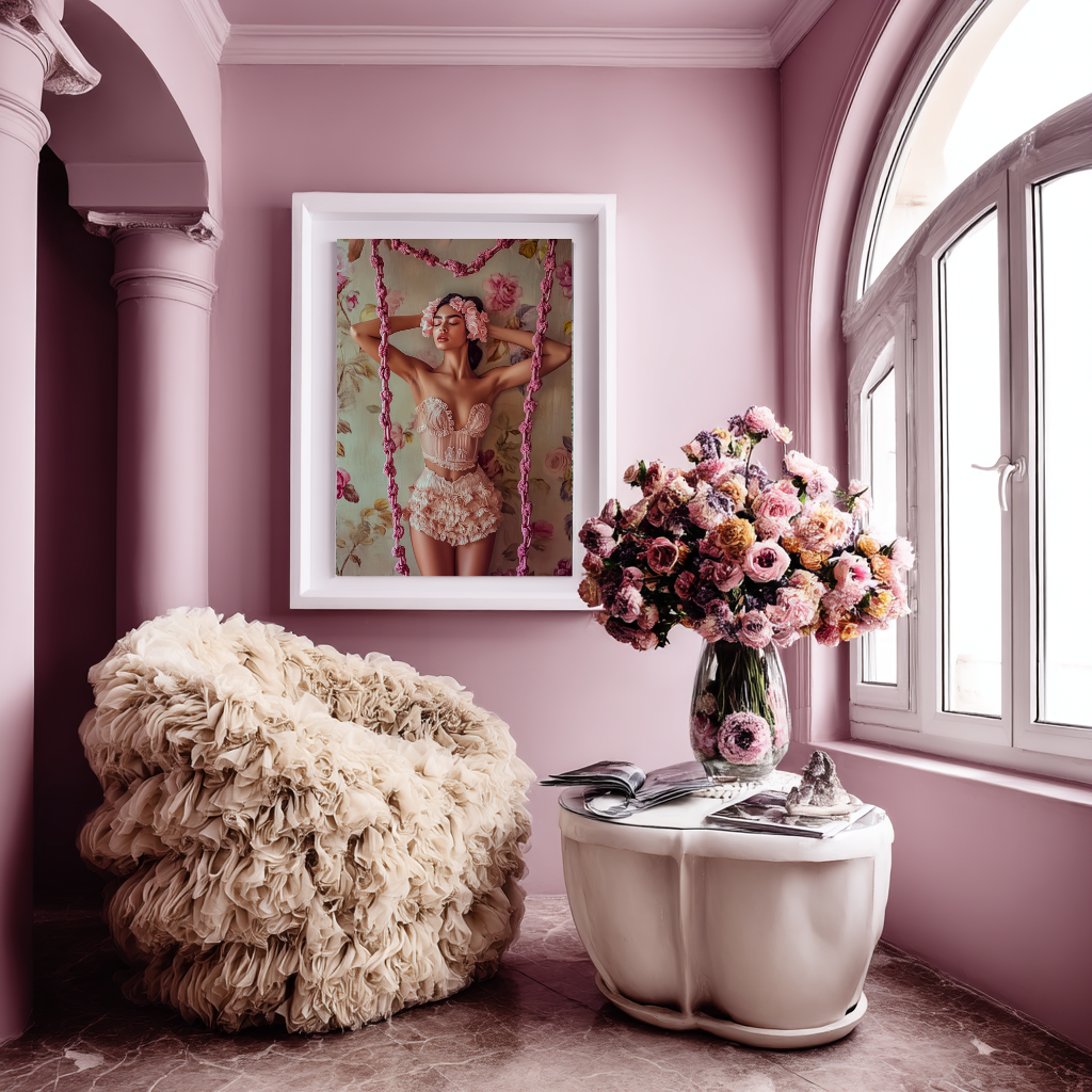 Petal Reverie wall art poster – Vintage-inspired floral portrait with soft pink tones, romantic boudoir artwork for elegant bedrooms and feminine spaces