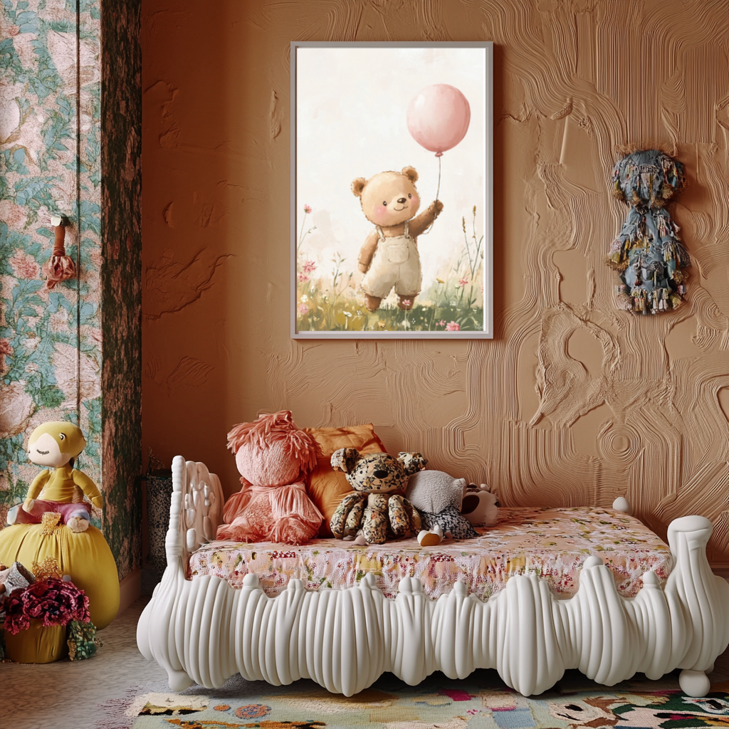 Joyful Bear – Pink Balloon Nursery Wall Art Poster