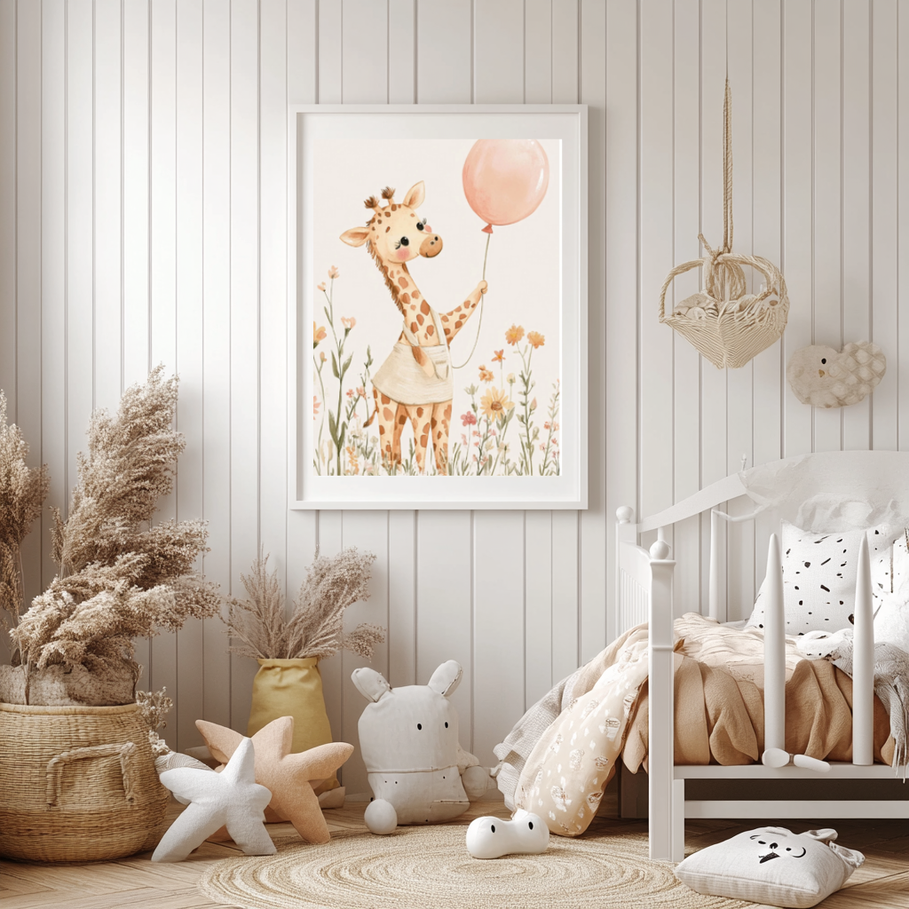 Lovely Giraffe Girl – Pink Balloon Nursery Wall Art Poster