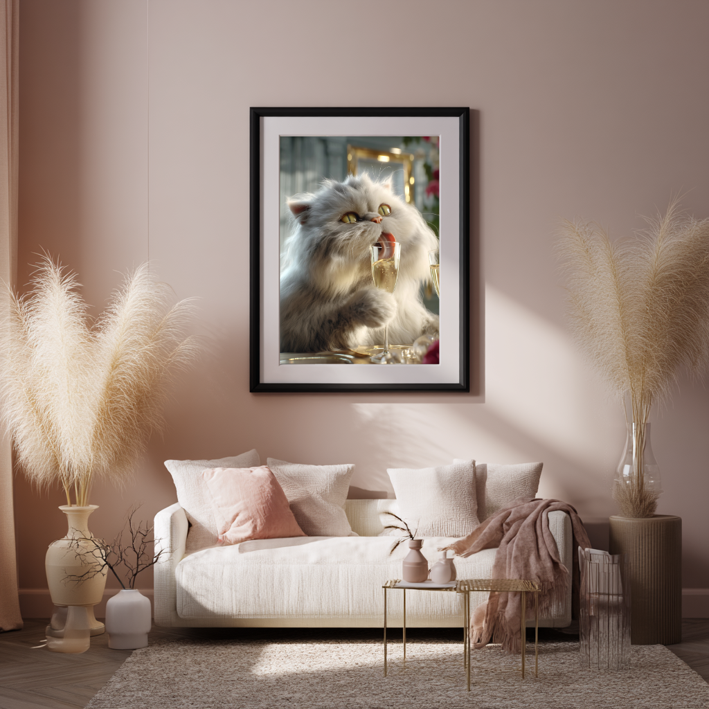 Rosé & Whiskers – Fluffy Cat with Champagne Wall Art Poster