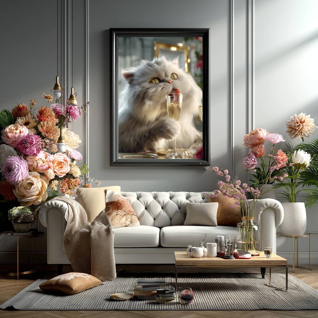 Rosé & Whiskers – Fluffy Cat with Champagne Wall Art Poster