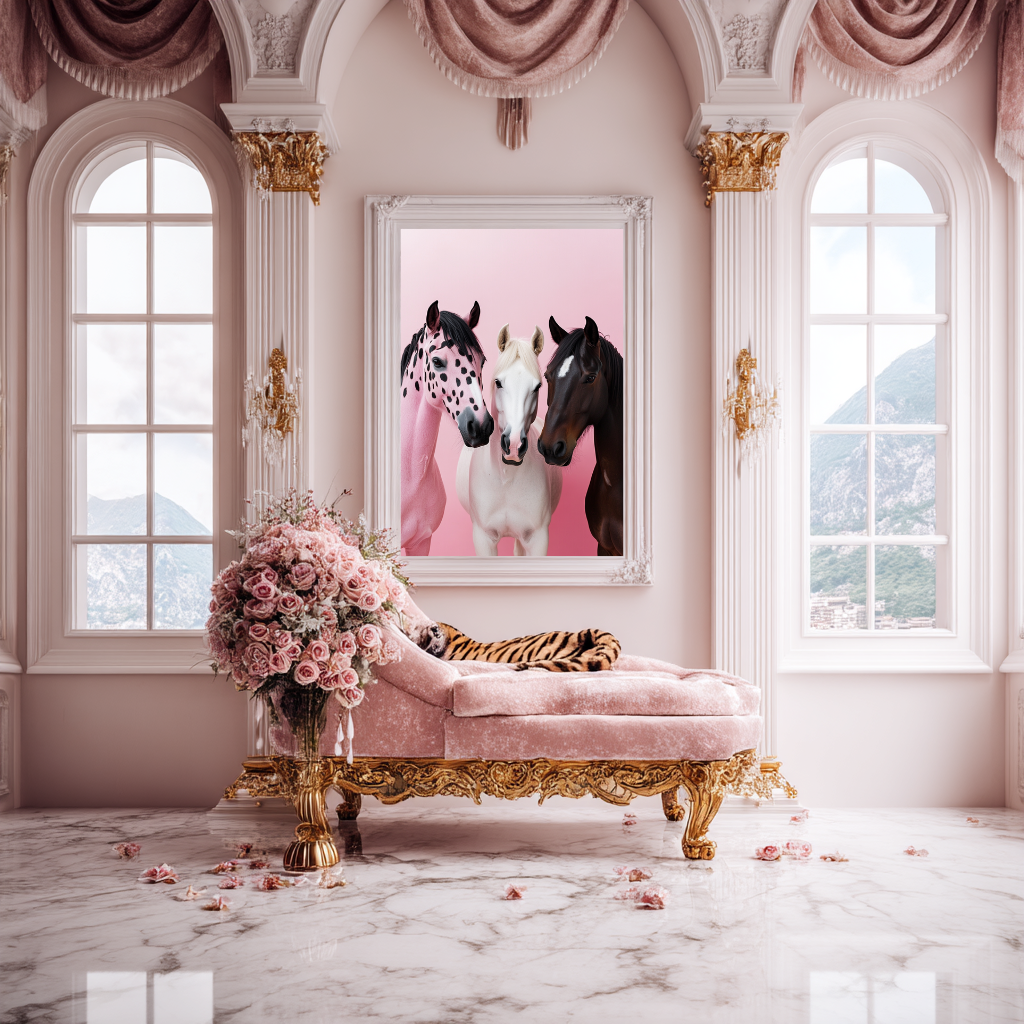 Equine Icons – Pink, White & Chestnut Horse Wall Art Poster