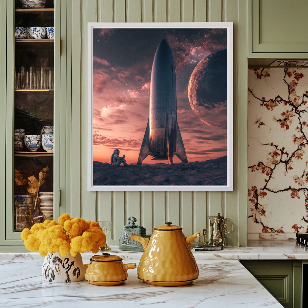 Liftoff Reflection – Astronaut & Rocket at Dusk Wall Art