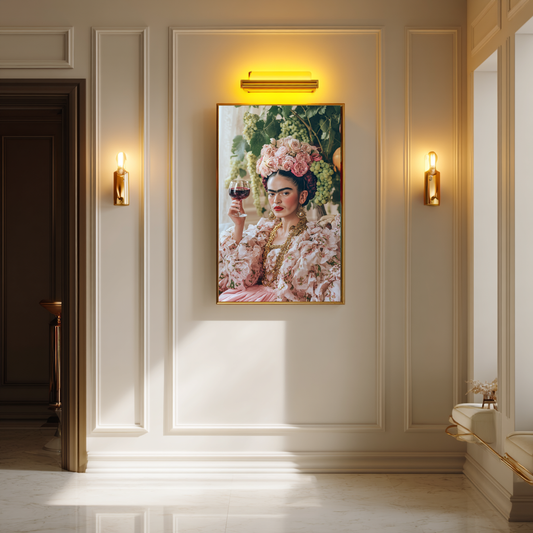 Goddess of the Vine wall art poster – Elegant woman with floral crown and wine glass, romantic surreal artwork for kitchens, lounges, or feminine interiors