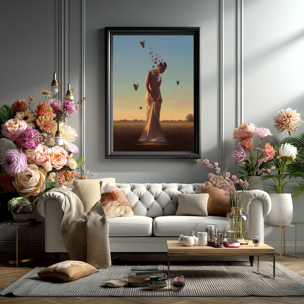 Becoming Light – Woman Dissolving into Butterflies Wall Art Poster