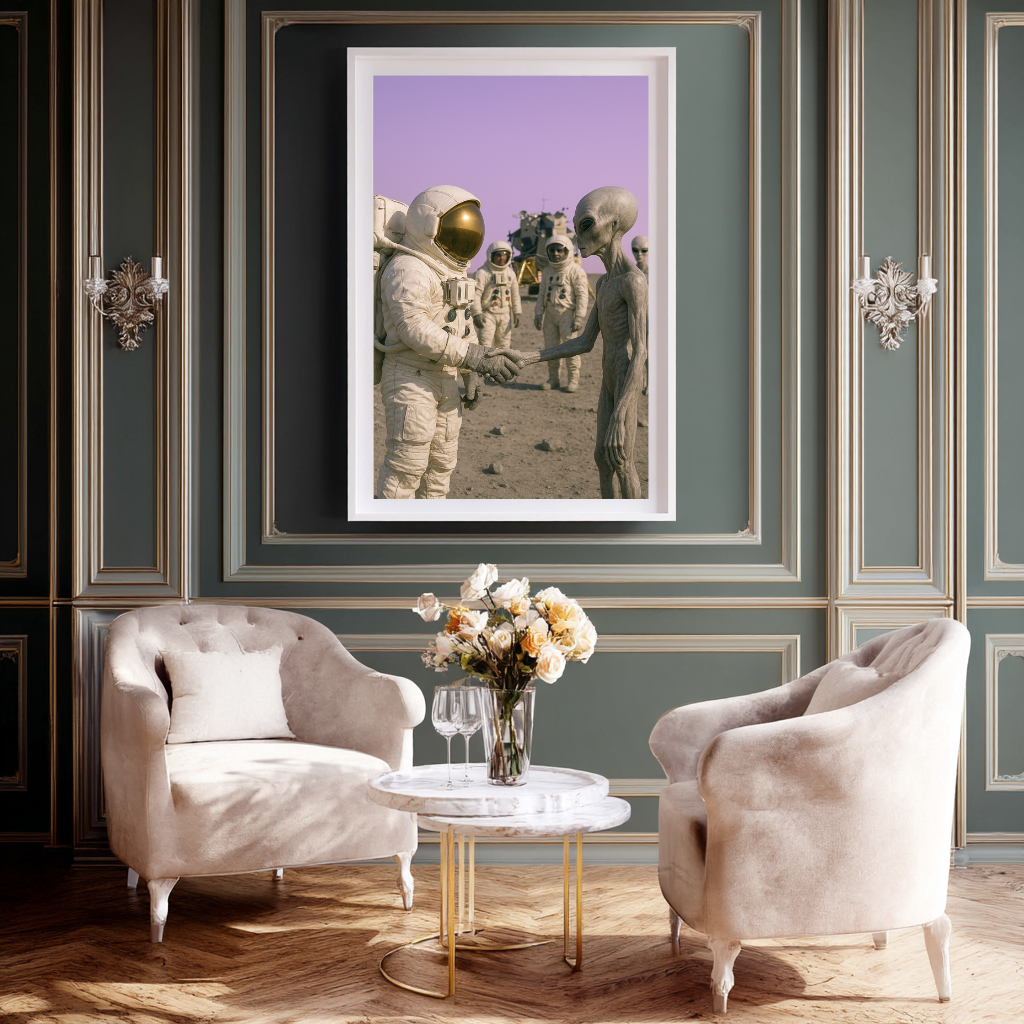 Cosmic Agreement – Astronaut and Alien Handshake Wall Art Poster