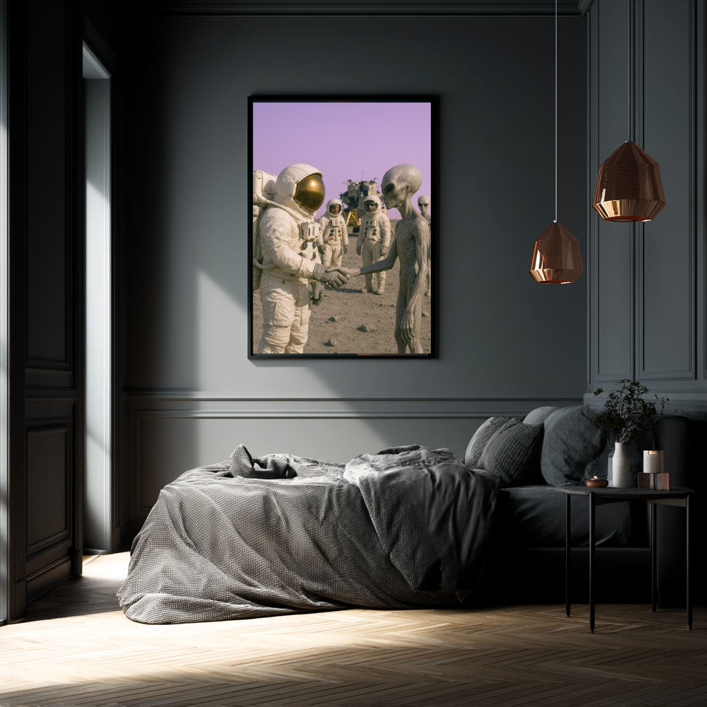 Cosmic Agreement wall art poster – Astronaut and alien reaching out in surreal handshake, conceptual space artwork for futuristic and imaginative interiors