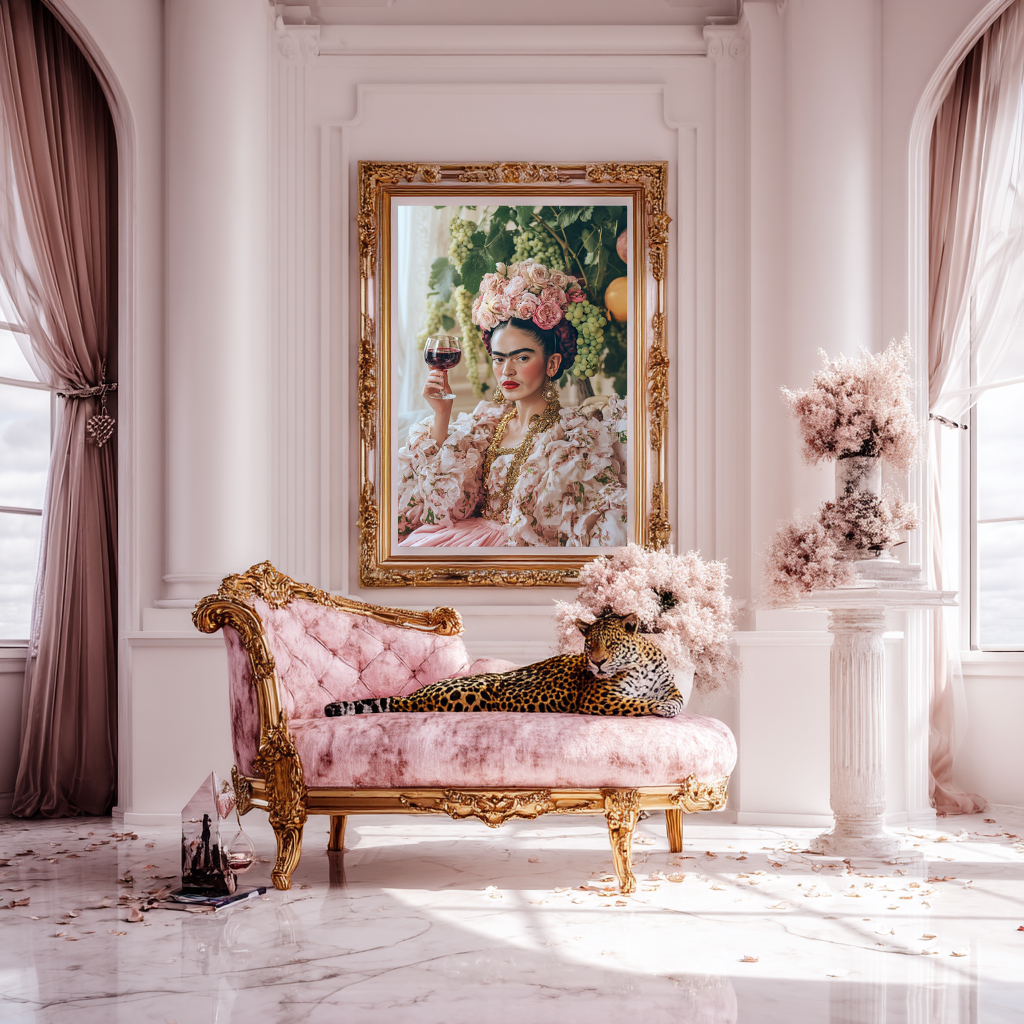 Goddess of the Vine wall art poster – Elegant woman with floral crown and wine glass, romantic surreal artwork for kitchens, lounges, or feminine interiors