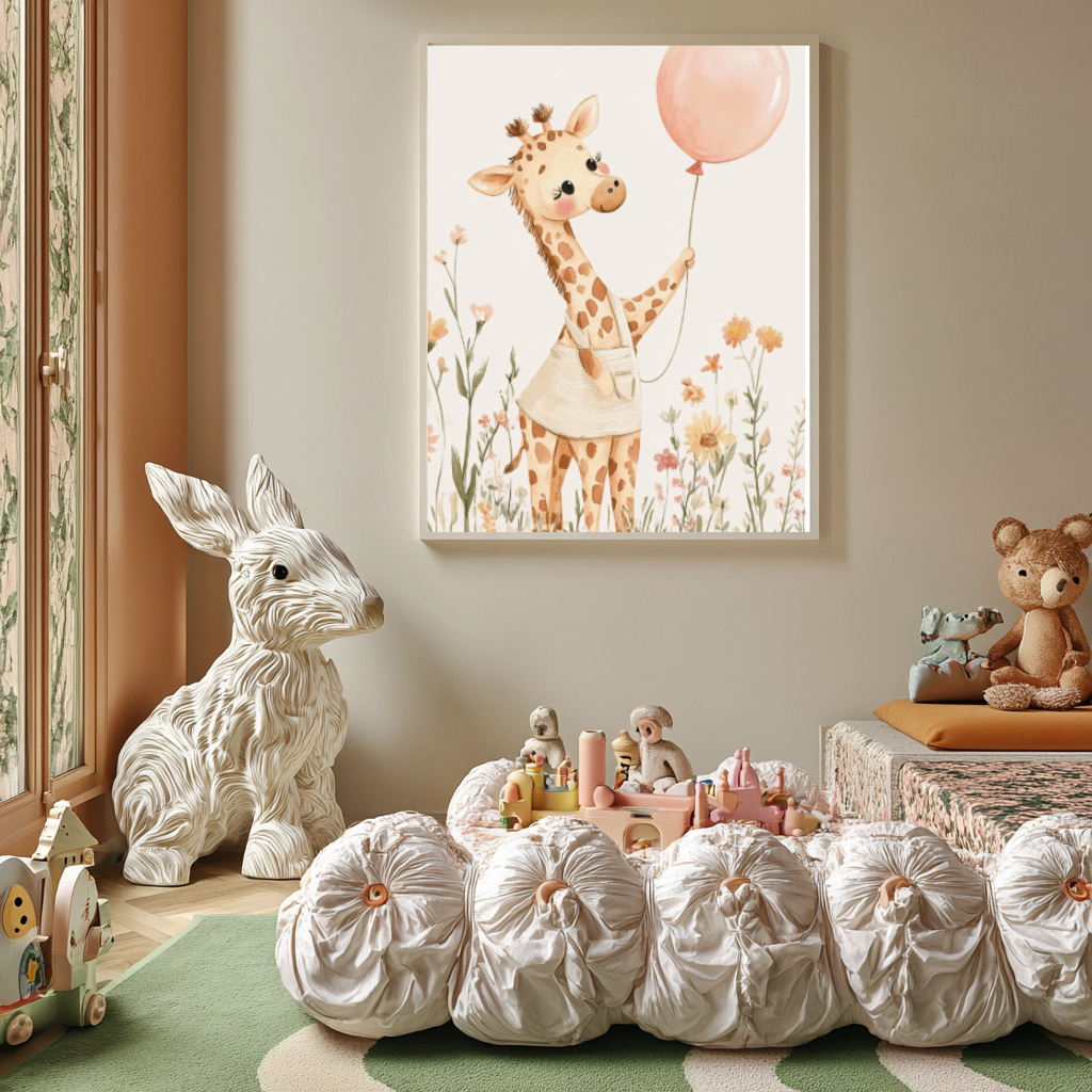 Lovely Giraffe Girl – Pink Balloon Nursery Wall Art Poster