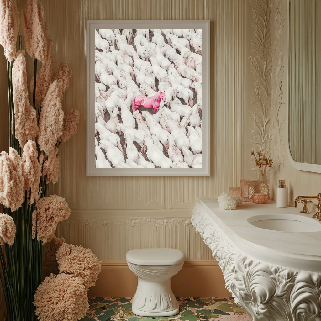 The Standout – Pink Horse in a Sea of White Wall Art Poster