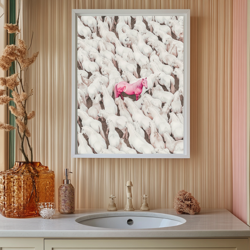 The Standout – Pink Horse in a Sea of White Wall Art Poster