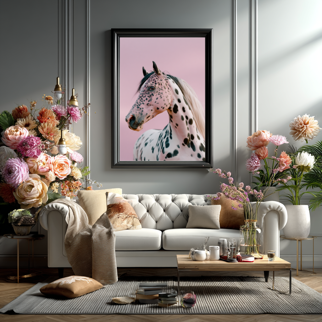 Wild Blush wall art poster – Surreal white horse with blush pink accents, dreamy equine artwork for romantic interiors and statement gallery walls