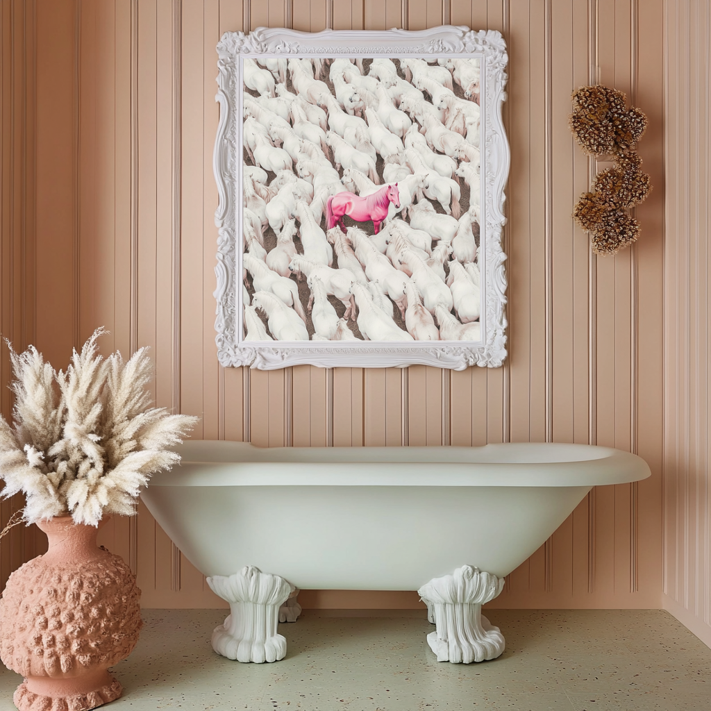 The Standout – Pink Horse in a Sea of White Wall Art Poster