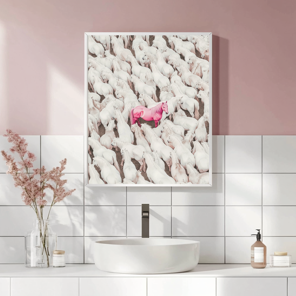 The Standout – Pink Horse in a Sea of White Wall Art Poster