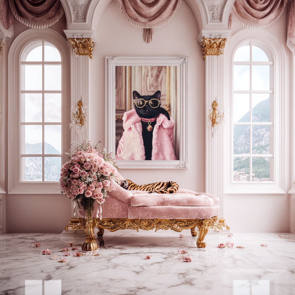 Miss Fortune – Black Cat in Pink Faux Fur Wall Art Poster