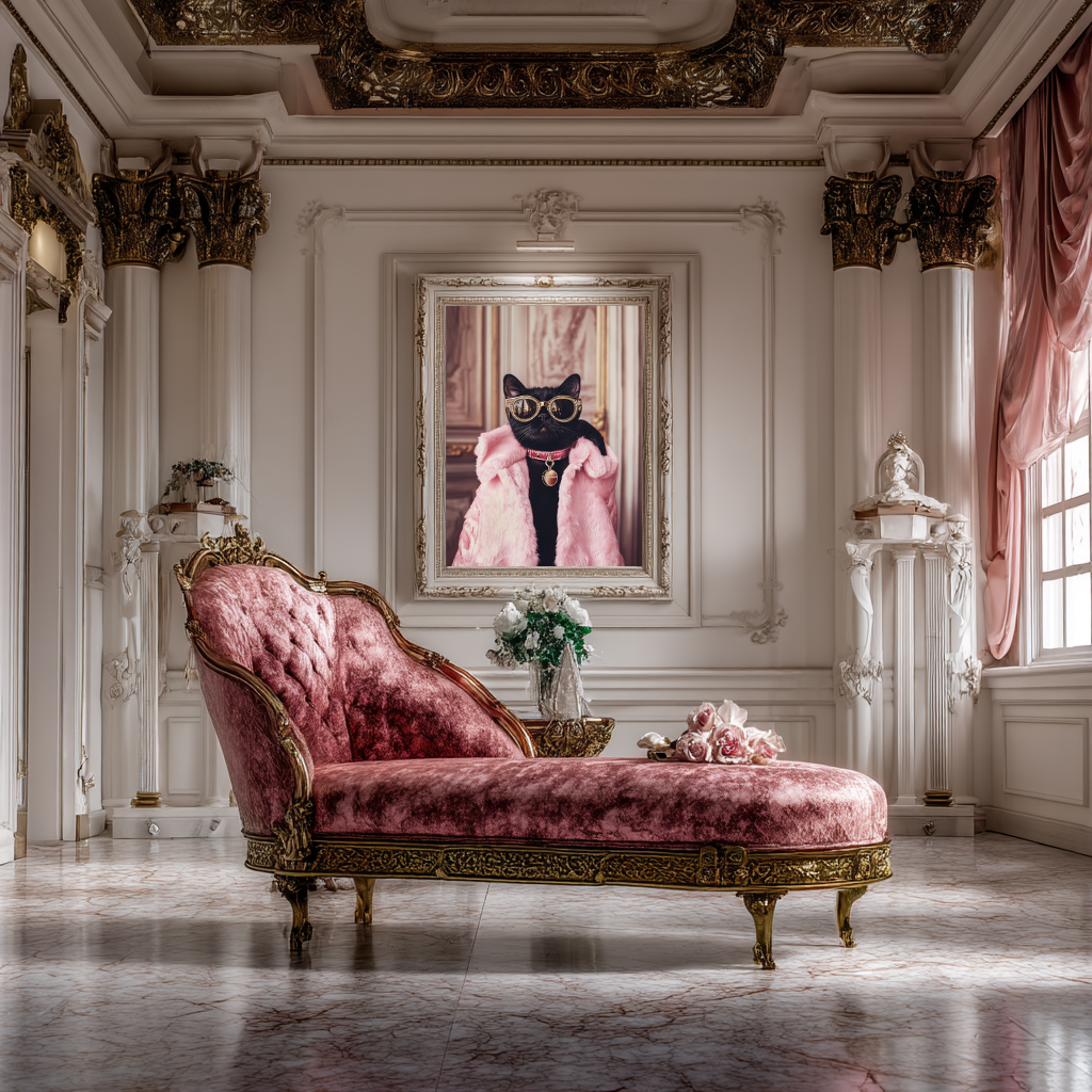 Miss Fortune – Black Cat in Pink Faux Fur Wall Art Poster