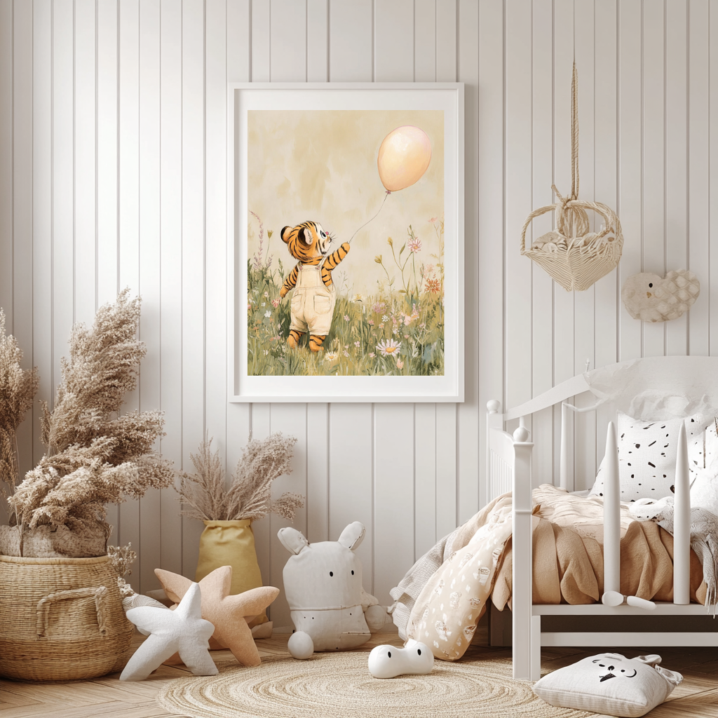 Chasing Light – Tiger Cub with Balloon Nursery Wall Art Poster