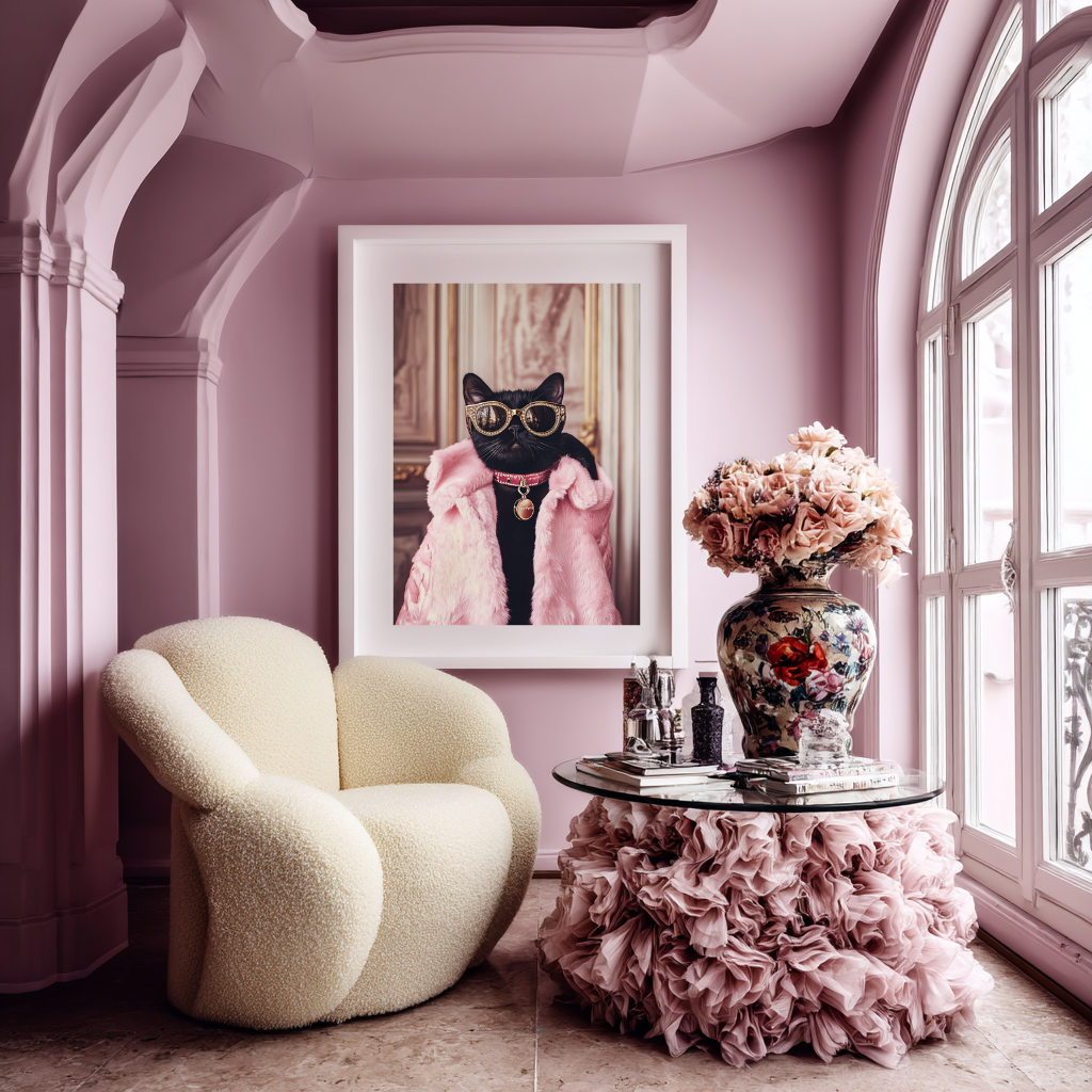 Miss Fortune – Black Cat in Pink Faux Fur Wall Art Poster