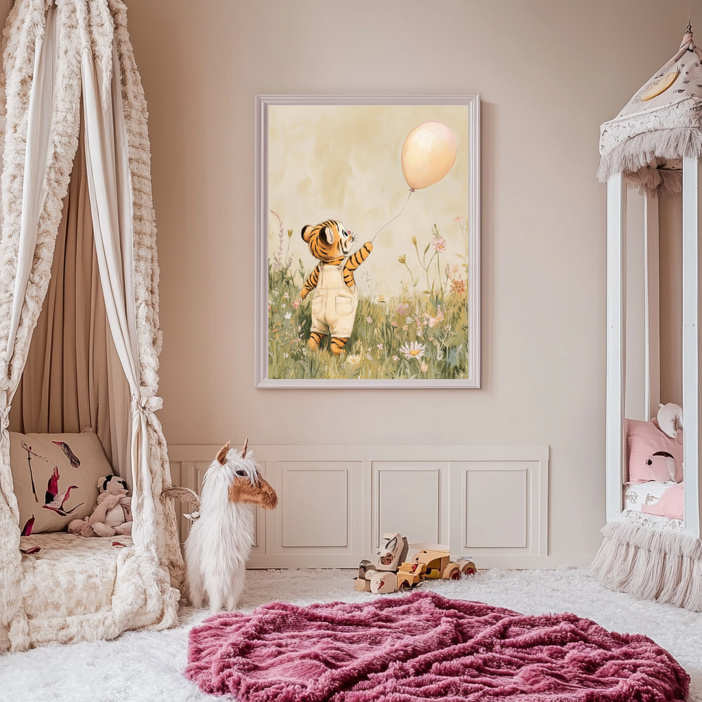 Chasing Light – Tiger Cub with Balloon Nursery Wall Art Poster