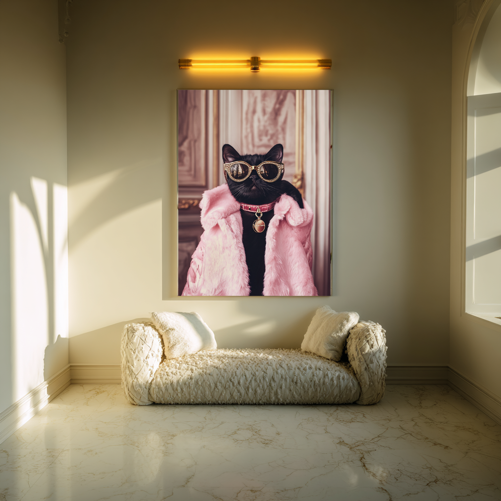 Miss Fortune – Black Cat in Pink Faux Fur Wall Art Poster