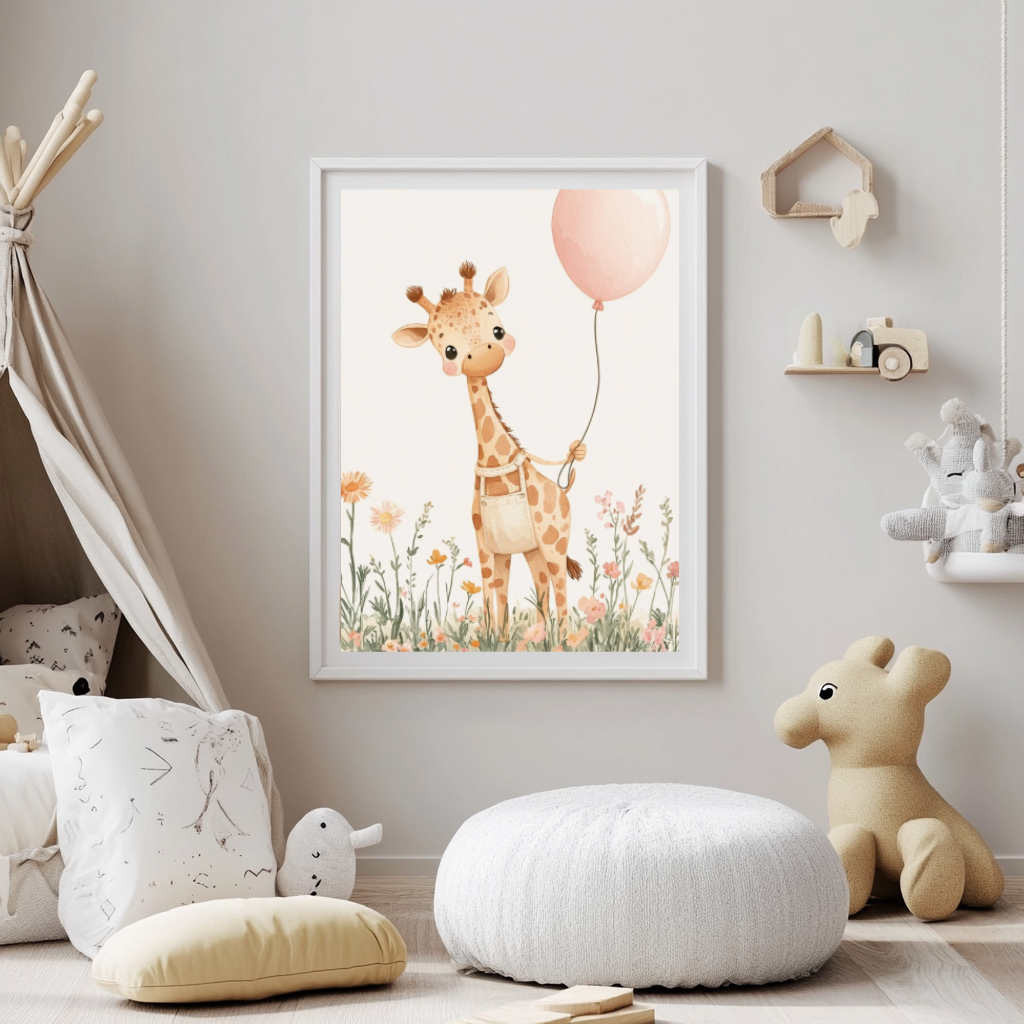 Gentle Giraffe – Pink Balloon Nursery Wall Art Poster